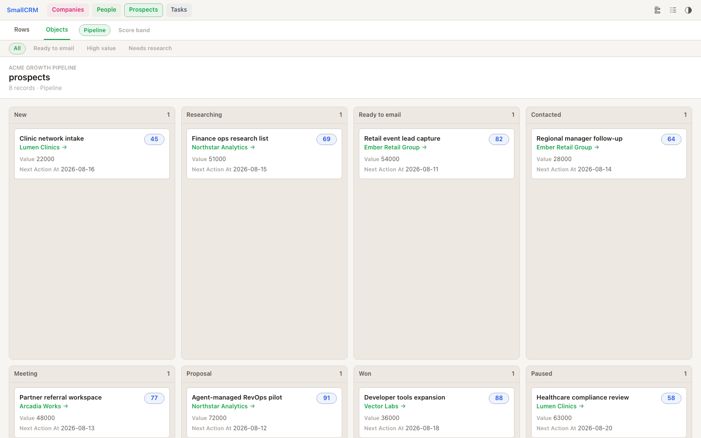 SmallCRM public demo workspace showing a prospects pipeline board